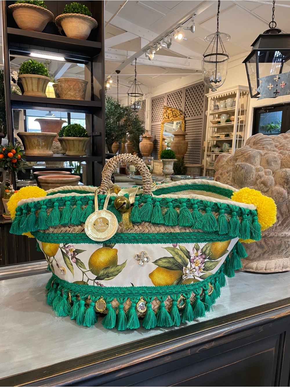 Tizzini x Authentic Provence Woven Straw Tote with Green Fringe and Yellow Poms - Picture 6 of 10